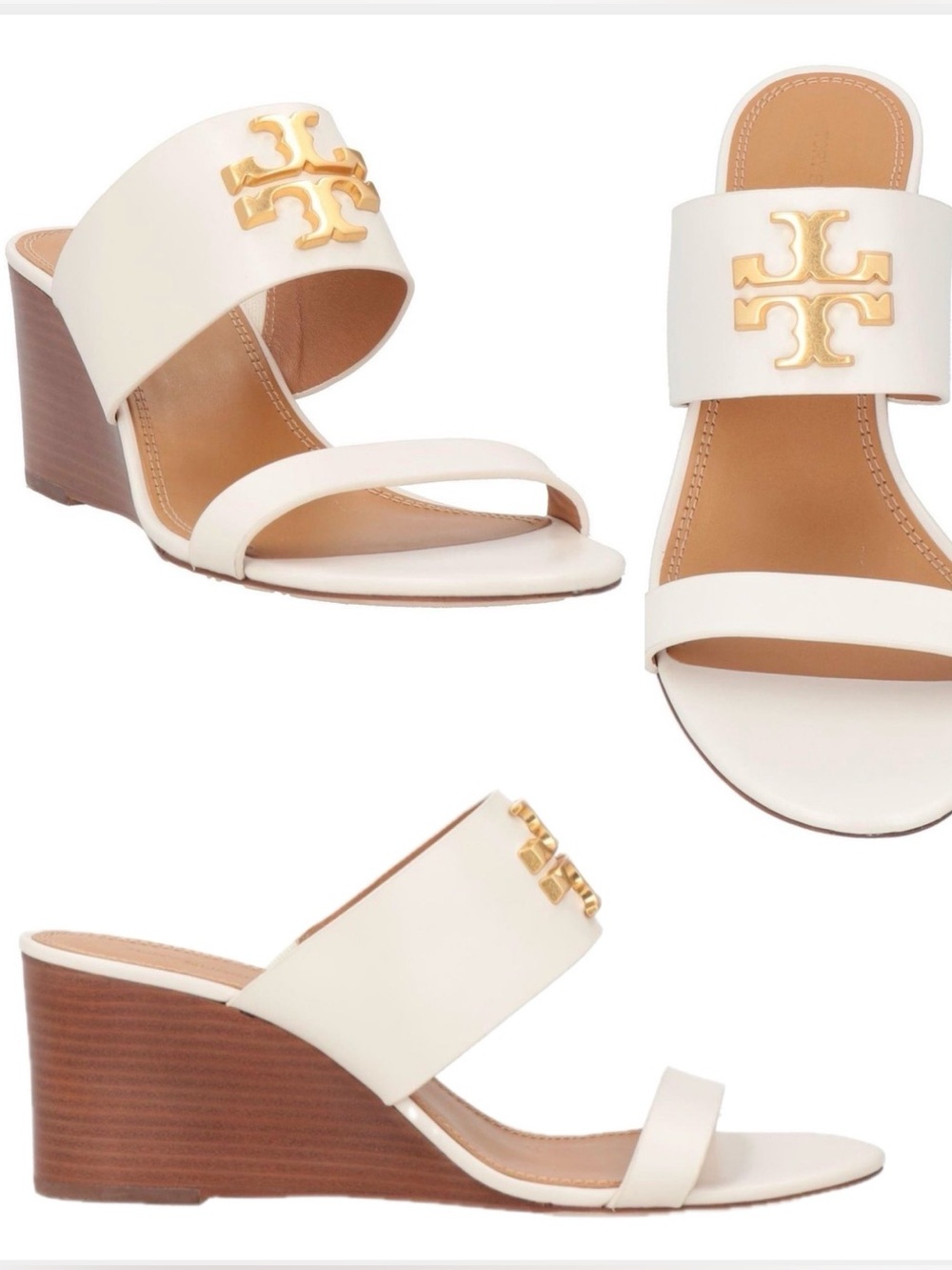 Tory Burch Everly mm65 White with Gold Logo Wedge Slides